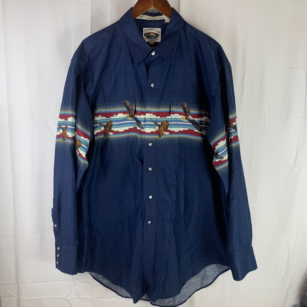 Cumberland Outfitters Western Snap Shirt Mens XXL Navy Blue Eagle Graphic Print